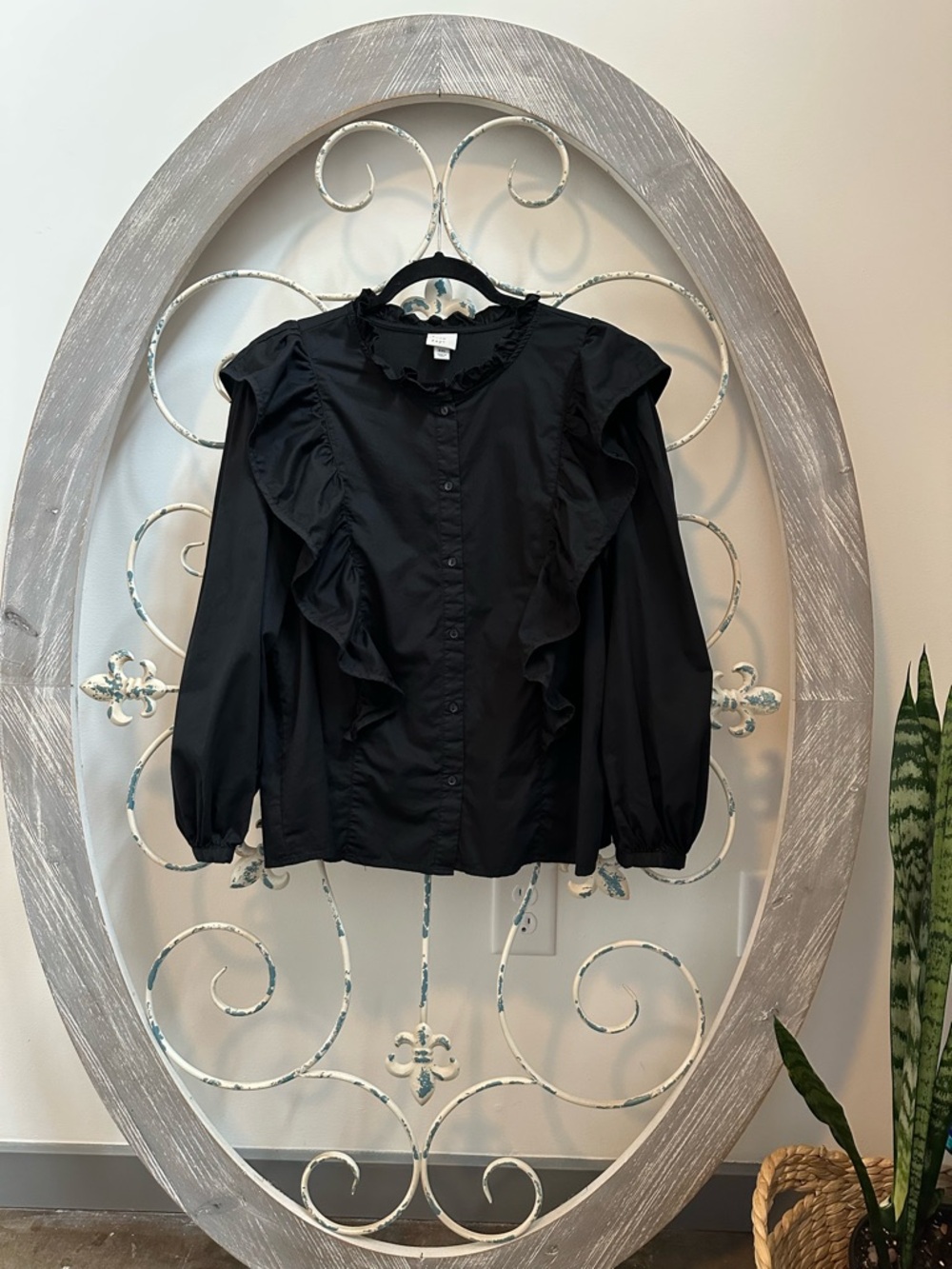 a new day Black Ruffle-Trim Button Front Blouse